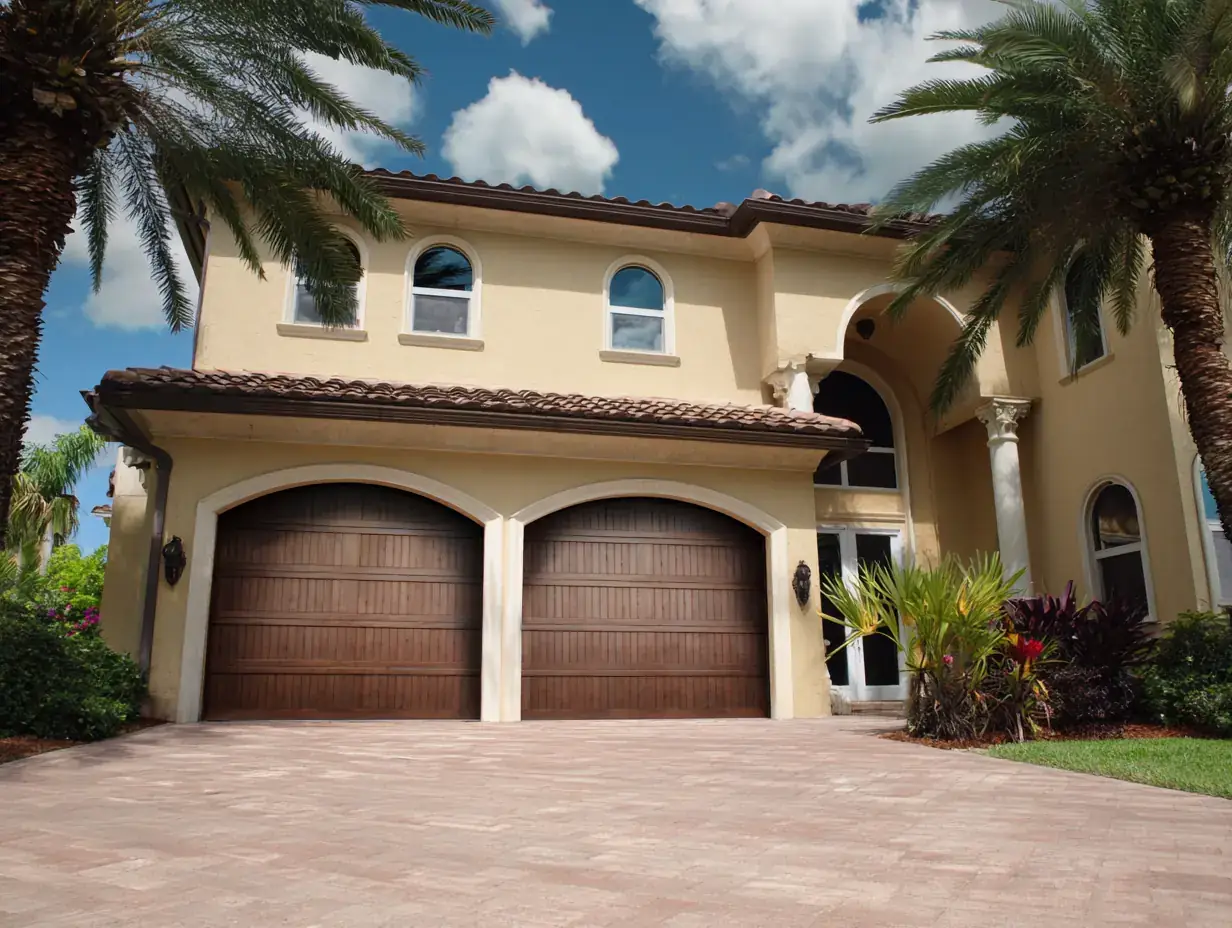 Two-story Southwest Florida home with arched wood-look garage doors and palm trees