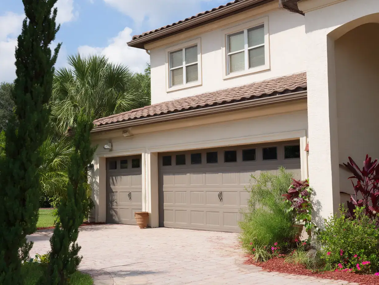 Florida home with a raised-panel garage door and landscaping