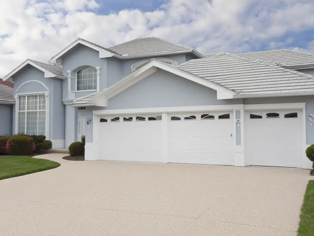 Coastal Florida home with white carriage garage doors