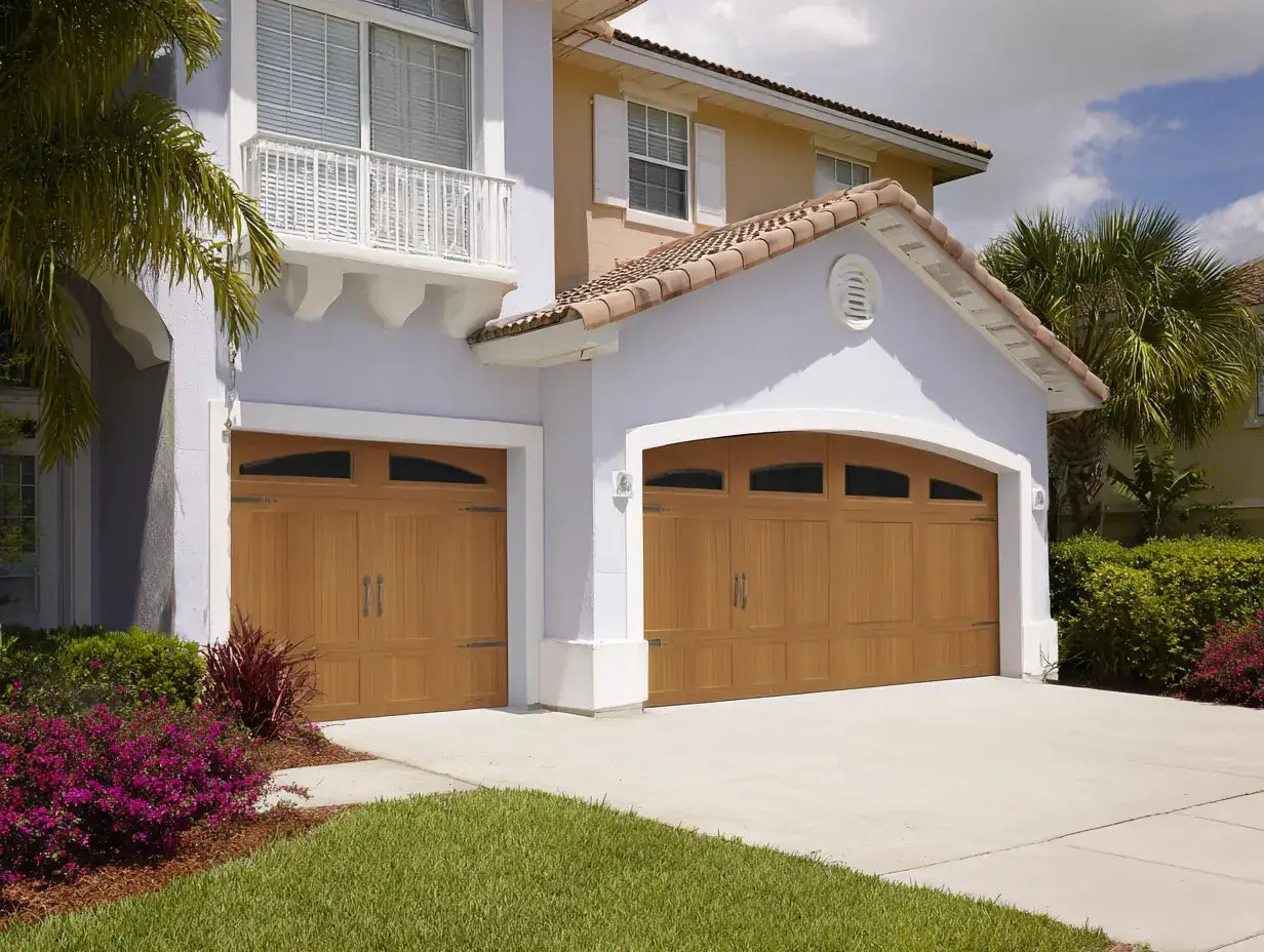 White stucco home with wood-look garage doors